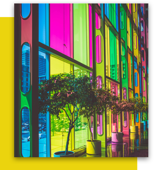 Cửa sổ đầy màu sắc với cây cối trong nhà